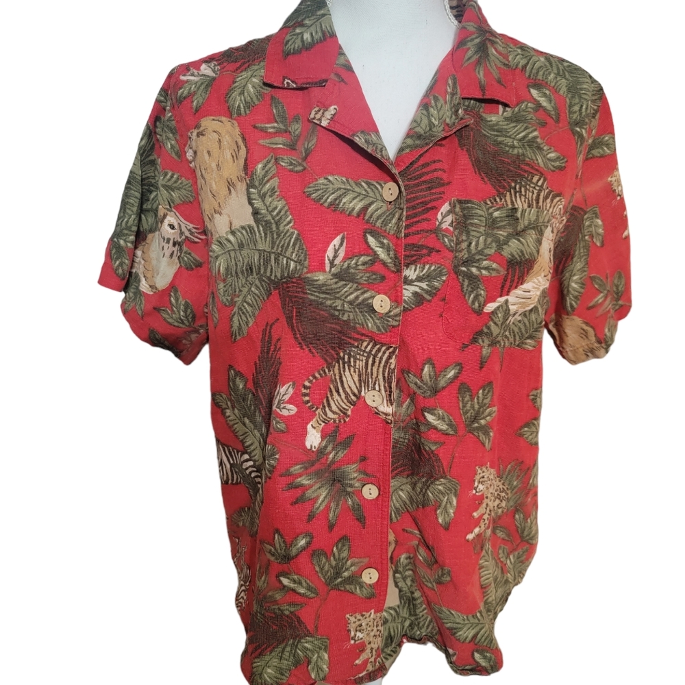 Erin London silk linen blend women's Button-down short sleeve red‎ tiger small